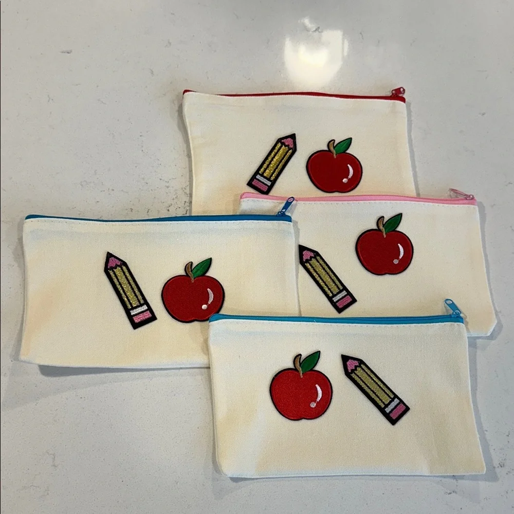 Pencil Case with Apple and Pencil Design - White